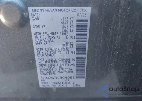 2015 Nissan Rogue Sl z USA, uszkodzony, nr VIN 5N1AT2MV7FC904993